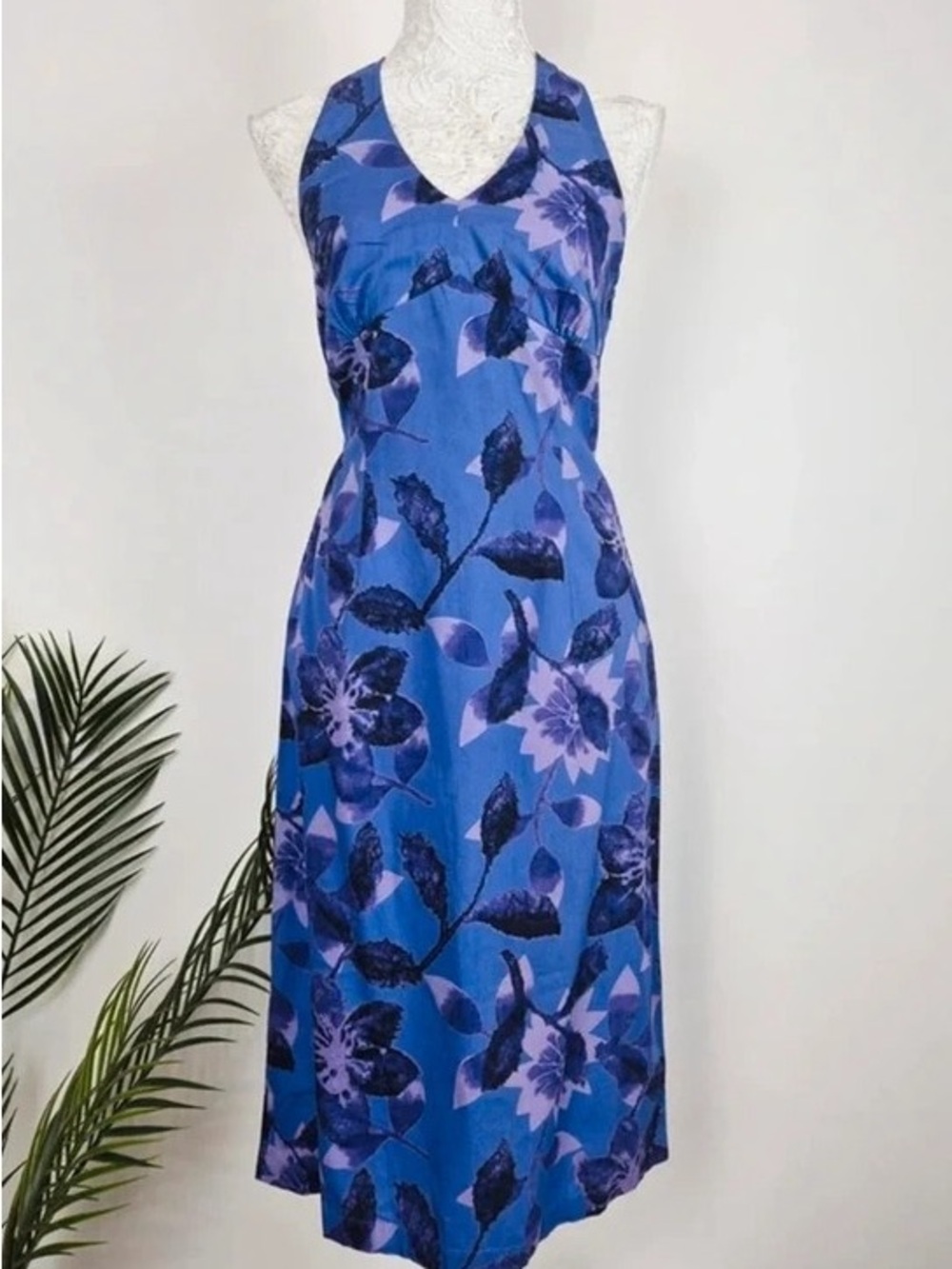 Blue Floral V-Neck Halter Maxi Dress by